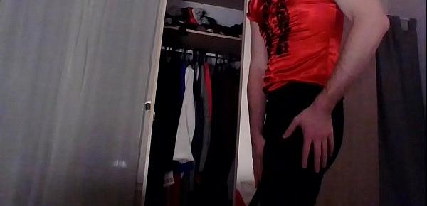  Amateur cross dresser back from the office in a sexy black blazer, red hot chinese qipao and a sexy black skirt touching and masturbating